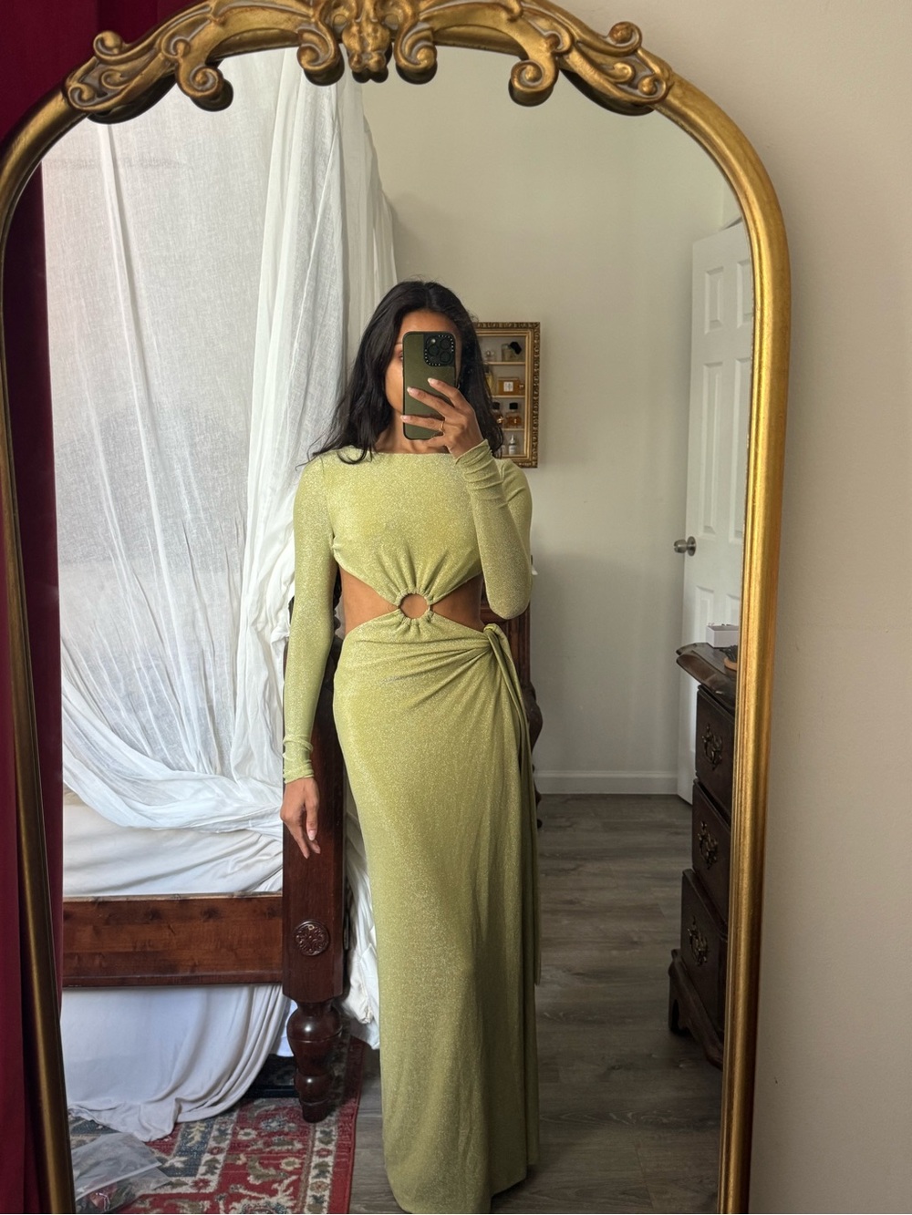 Meshki Shimmer Lime Green Cutout Maxi Weap Dress